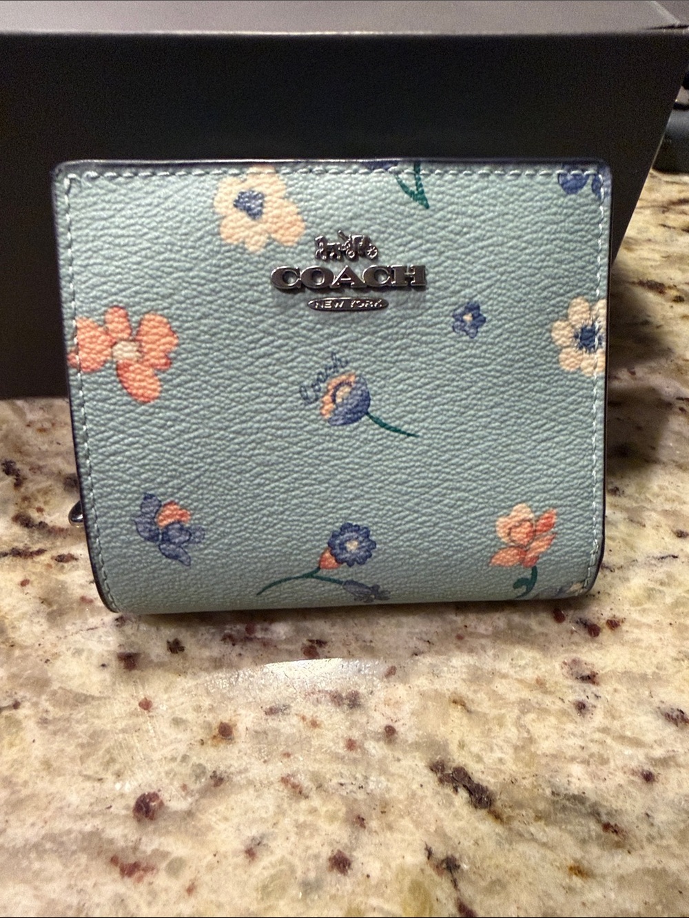 Coach Blue Floral Compact Wallet with Gold Logo - Picture 2 of 9